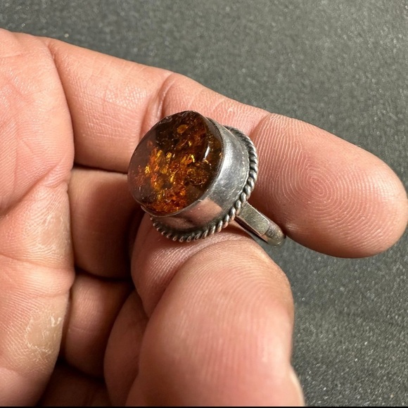 Vintage Large Sterling Silver 915 Amber Statement Ring Size 6 - Picture 1 of 10